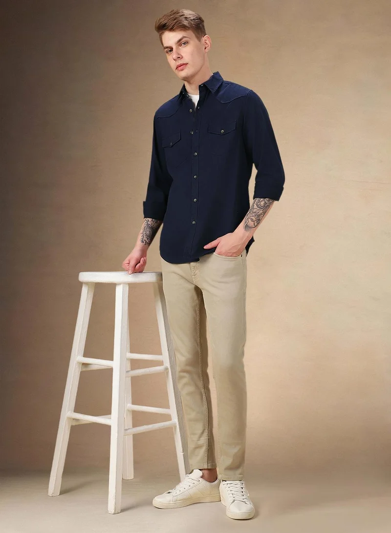 Dennis Lingo Men's Navy 100% Cotton Solid Relaxed Fit Shirt