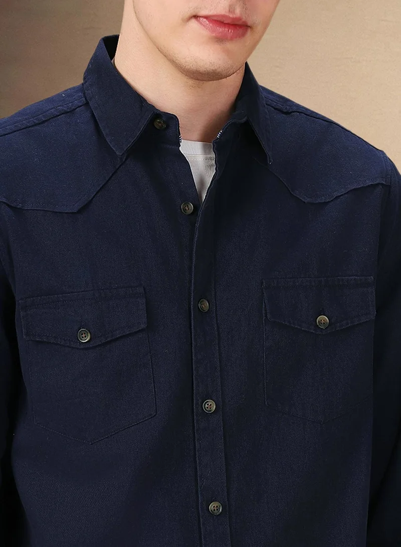 Dennis Lingo Men's Navy 100% Cotton Solid Relaxed Fit Shirt