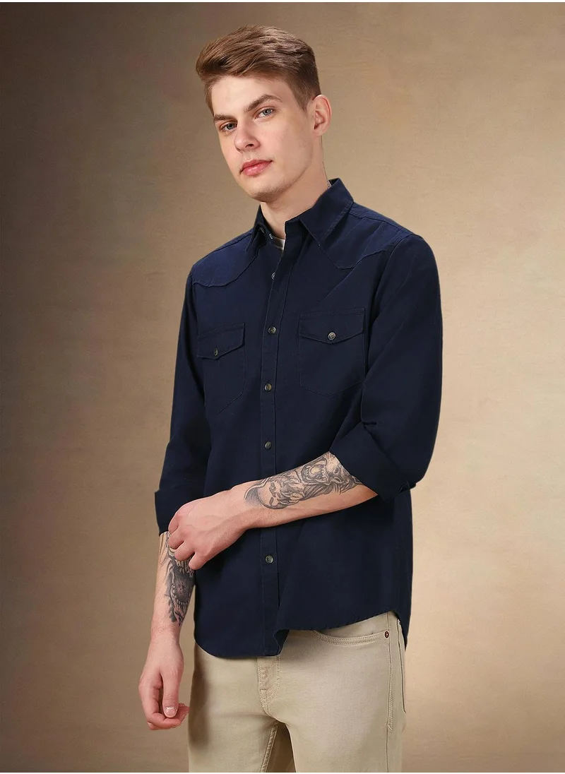 Dennis Lingo Men's Navy 100% Cotton Solid Relaxed Fit Shirt
