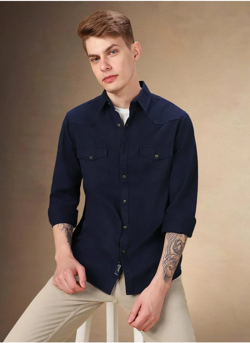 Dennis Lingo Men's Navy 100% Cotton Solid Relaxed Fit Shirt