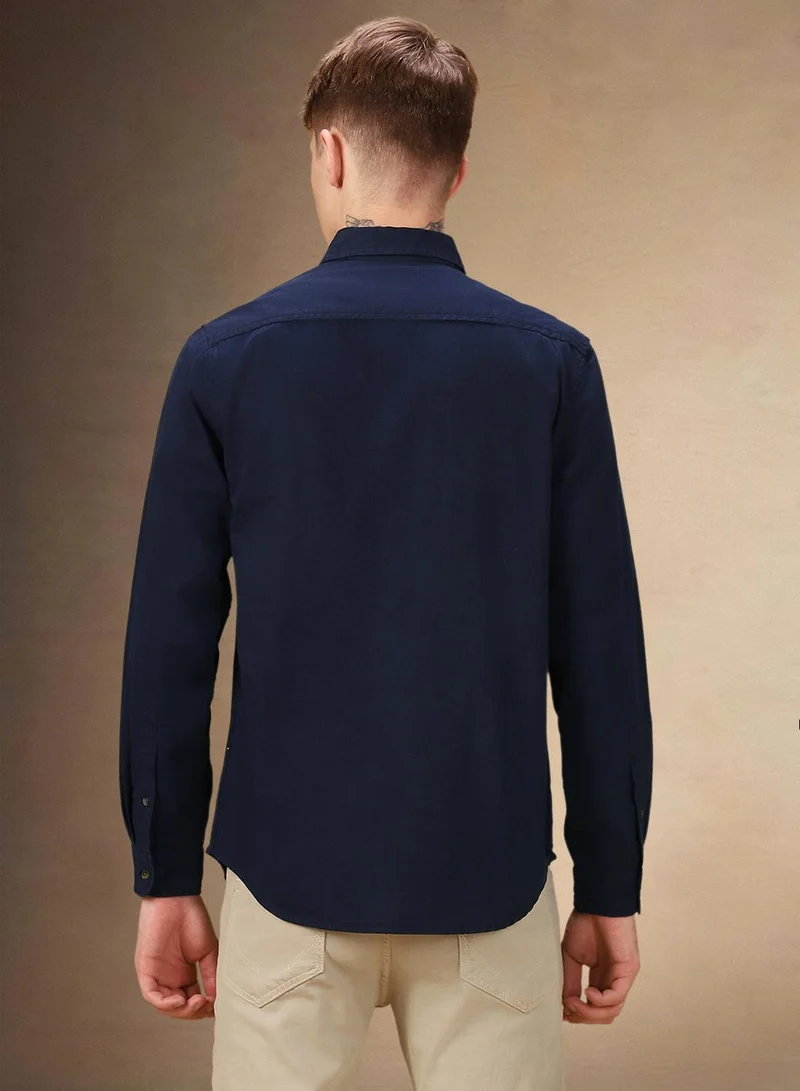 Dennis Lingo Men's Navy 100% Cotton Solid Relaxed Fit Shirt