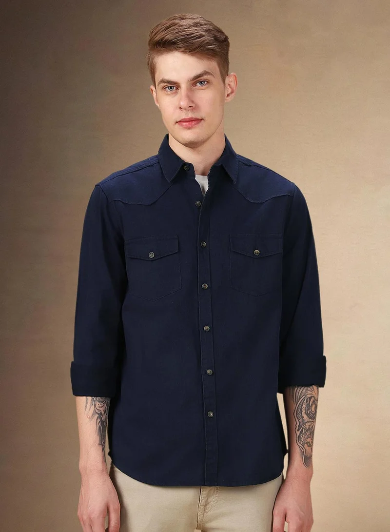 Dennis Lingo Men's Navy 100% Cotton Solid Relaxed Fit Shirt