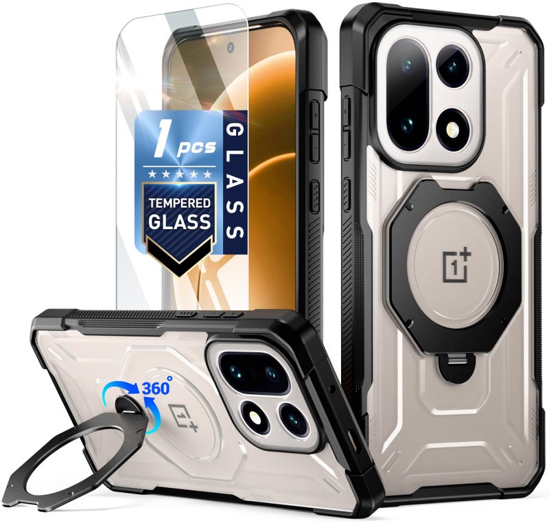 Poetic for OnePlus 15 Case, | Compatible with MagSafe | 360Â° Rotate Magnetic Ring Kickstand | Military Grade Drop Proof Protection Cover | Tempered Glass Screen Protector | Black/Clear - Image 1