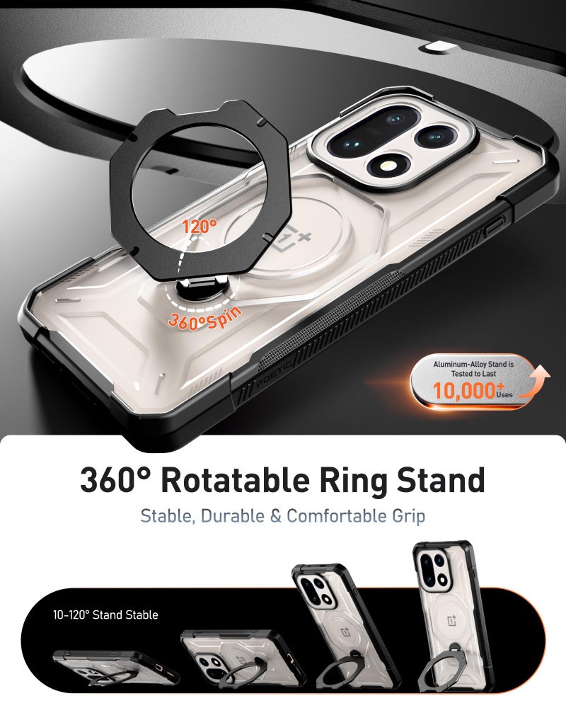 Poetic for OnePlus 15 Case, | Compatible with MagSafe | 360Â° Rotate Magnetic Ring Kickstand | Military Grade Drop Proof Protection Cover | Tempered Glass Screen Protector | Black/Clear - Image 3