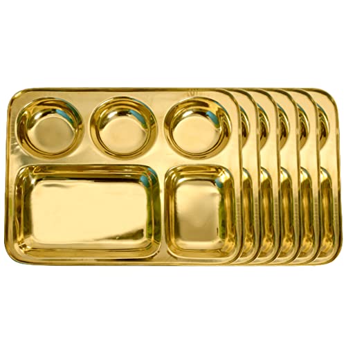 HOKOYA Brass Dinner Plate/Thali with Round Extra Deep Compartment, Gold, Set of 6, Heavy Weight. | Brass Plate Set of 6 - Image 1