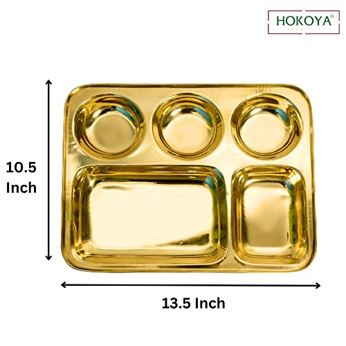 HOKOYA Brass Dinner Plate/Thali with Round Extra Deep Compartment, Gold, Set of 6, Heavy Weight. | Brass Plate Set of 6 - Image 3