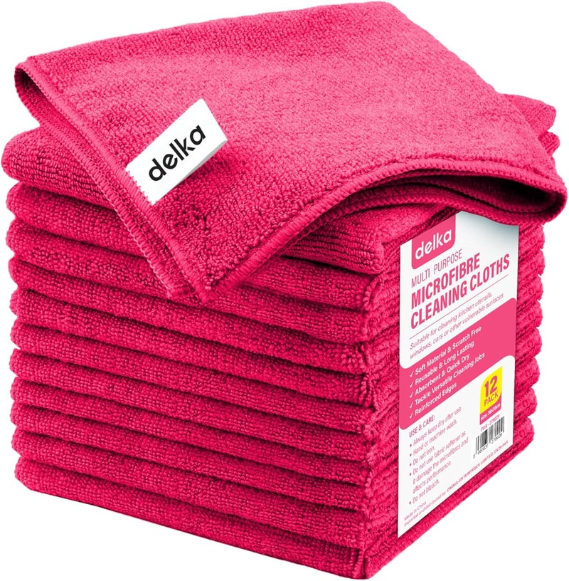 delka Microfibre Cleaning Cloths – Multi-Purpose, Ultra Soft & Lint-Free, 12 Pack (Pink) - Image 1