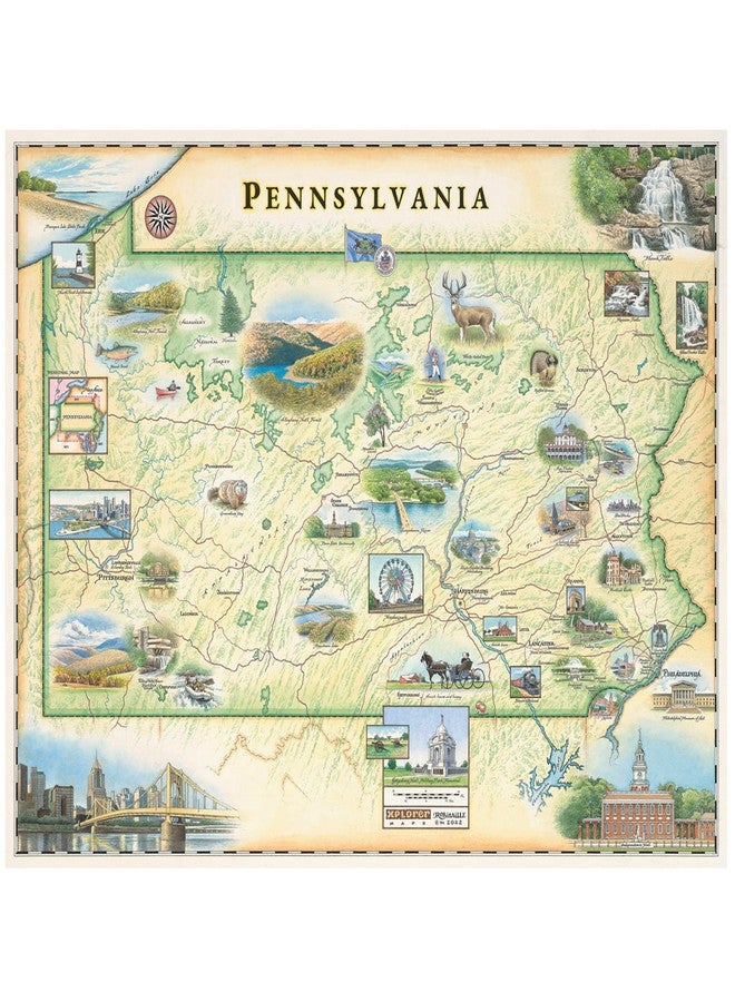 Xplorer Maps Pennsylvania Hand-Drawn Map - 24x18 Vintage-Style Lithographic Print - Made in USA - Image 1