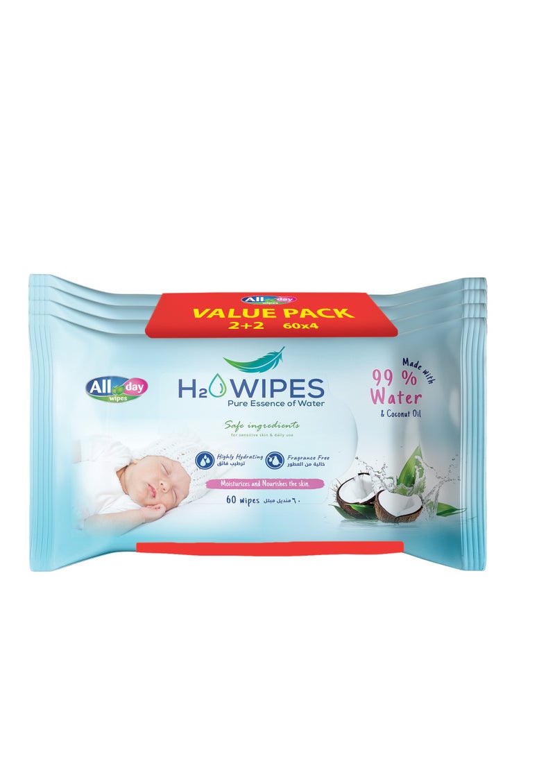 All day wipes All Day H2O Wet Wipes 99% Water & Coconut Oil -60 Count : Made with 99.9% Pure Water and Infused with Natural Coconut Extract for Added Hydration and Nourishment. ( Pack of 4) - Image 1