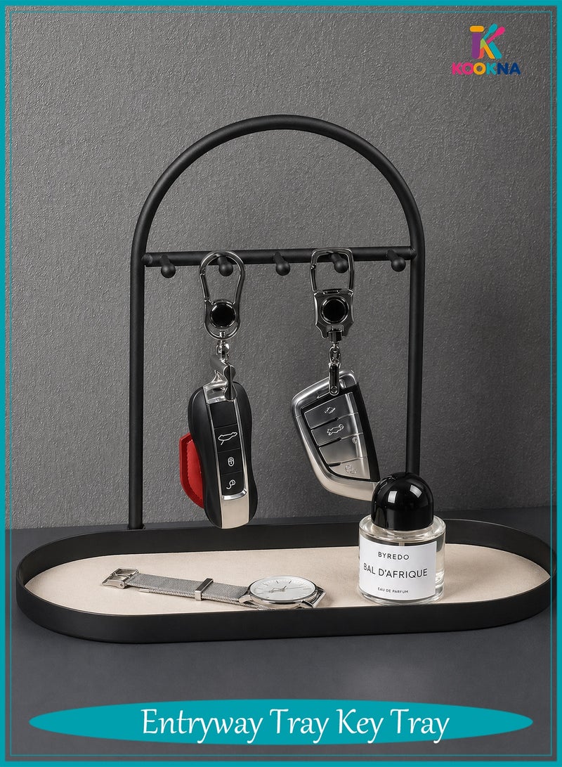 KOOKNA Key Tray,Key Holder Organizer Rack, Entryway Tray with 5 Hooks for Keys Watches Jewelry, Jewelry Organizer Necklace Stand Holder, Decorative Vanity Tray Organizer for Bedroom - Image 1