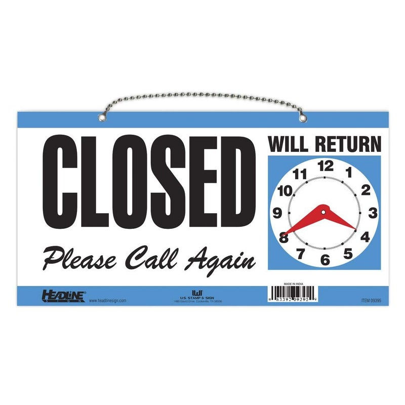 Headline Sign 9395 Double-Sided Open/Closed/Will Return Sign with Clock Hands, 6" x 11.5", Blue - Image 3