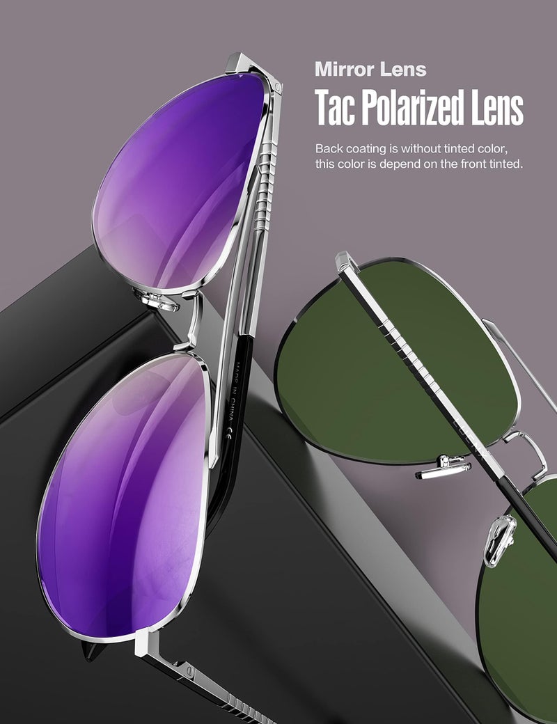 LUENX Women Men Aviator Sunglasses Polarized Driving Shades Mirror Purple Lens Metal Silver Frame Classic Style - Image 5