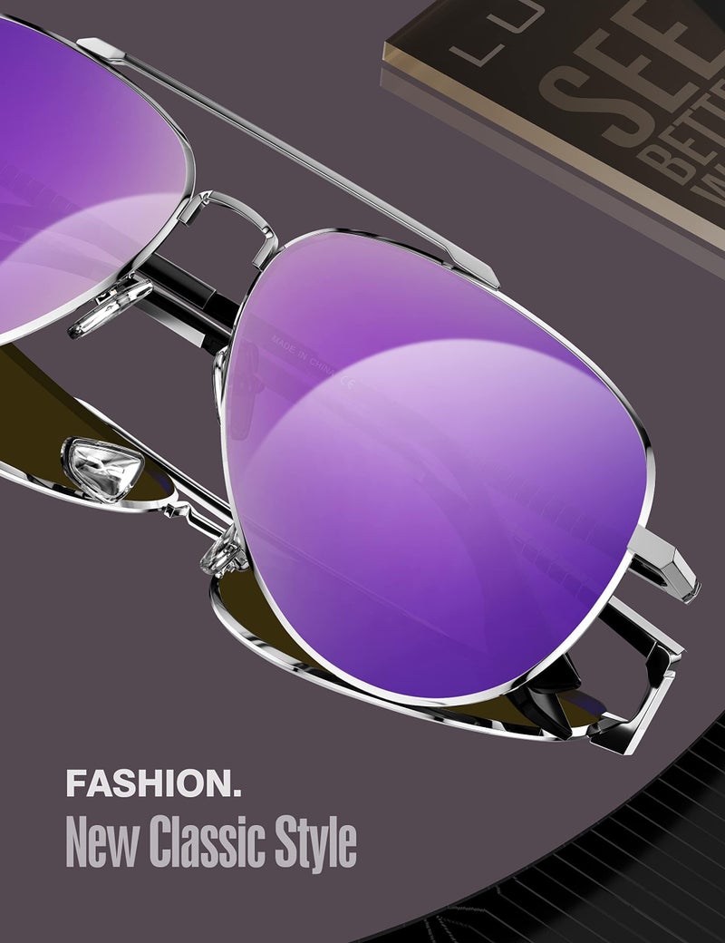 LUENX Women Men Aviator Sunglasses Polarized Driving Shades Mirror Purple Lens Metal Silver Frame Classic Style - Image 3
