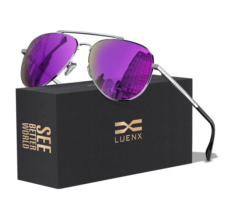 LUENX Women Men Aviator Sunglasses Polarized Driving Shades Mirror Purple Lens Metal Silver Frame Classic Style - Image 1