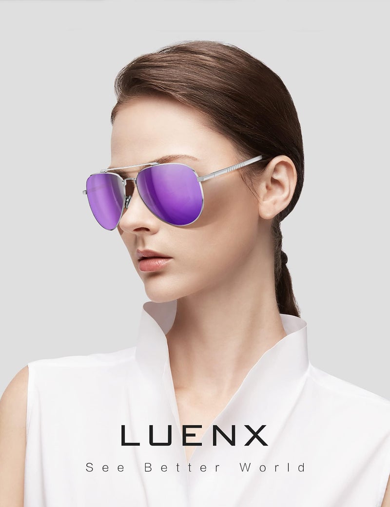 LUENX Women Men Aviator Sunglasses Polarized Driving Shades Mirror Purple Lens Metal Silver Frame Classic Style - Image 2