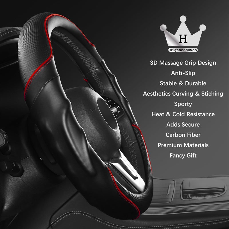 HighnessHwoo 3D Car Steering Wheel Cover Comfort Grip Massage Sporty Anti-Slip Carbon Fiber Faux Leather for Sedan SUV, Universal Fit, Car Handle Covers for All Seasons, 14.75-15.15in, Red - Image 4