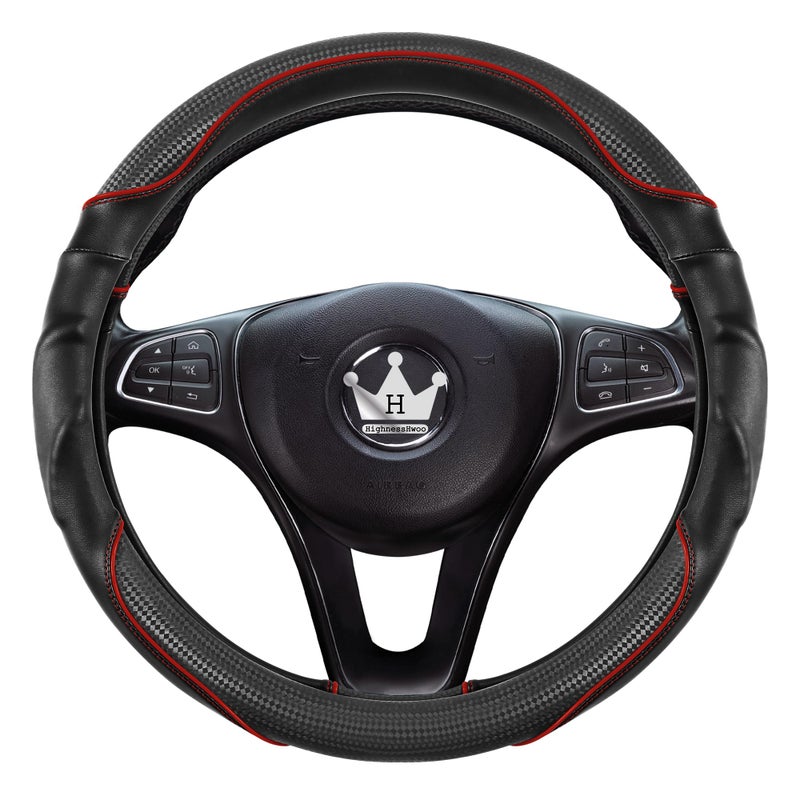 HighnessHwoo 3D Car Steering Wheel Cover Comfort Grip Massage Sporty Anti-Slip Carbon Fiber Faux Leather for Sedan SUV, Universal Fit, Car Handle Covers for All Seasons, 14.75-15.15in, Red - Image 3