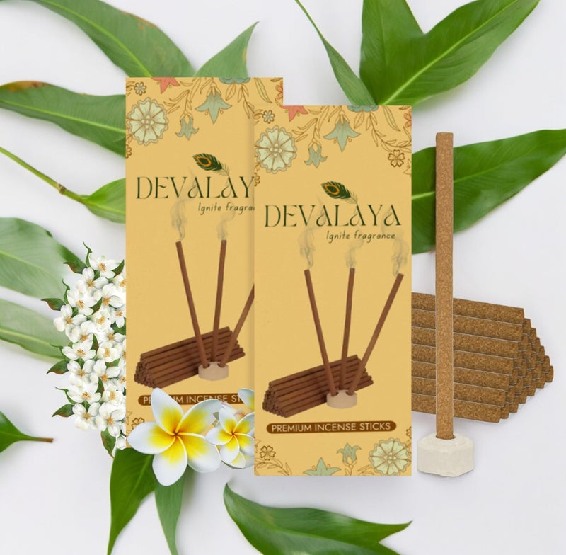 Devalaya Arabian Mogra & Mystic Champa Incense Sticks(40 Sticks, Pack of 2), Bambooless Dhoop Sticks, Agarbatti for Pooja, 100% Charcoal-Free, 4-inch Length with Ceramic Strand - Image 1
