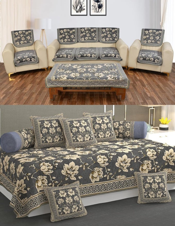 Heavy Chenille Velvet Sofa Cover with diwan Set and Table Cover Combo Set of 21 pcsGrey