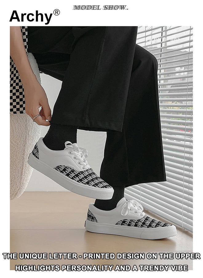 Archy Men's Classic Color-Block Canvas Sneakers - Breathable Low-Top Lace-Up Shoes with Letter Print for Casual Daily Wear  - Image 2