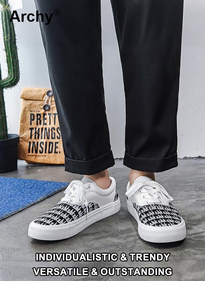 Archy Men's Classic Color-Block Canvas Sneakers - Breathable Low-Top Lace-Up Shoes with Letter Print for Casual Daily Wear  - Image 1