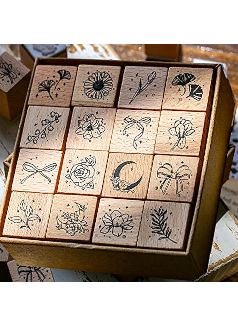 Mantouxixi Mantouxixi 16 Pieces Vintage Wooden Rubber Stamps Set Wood Mounted Rubber Stamps for Arts and Crafts Bullet Journals Card Making Scrapbooking Scrapbooks Envelope Diary  Tags  Leaves  Flowers 