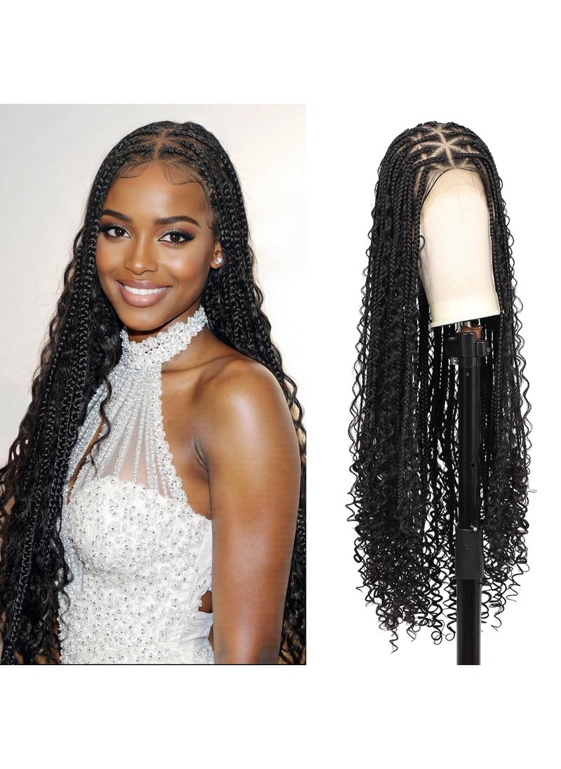 Kalyss Kalyss Knotless Braided Wigs for Women 13x8 HD Lace Frontal Braided Wigs with Baby Hair Boho Box Braid Wigs Black Human Hair Blended Braided Wig 36 Inch 