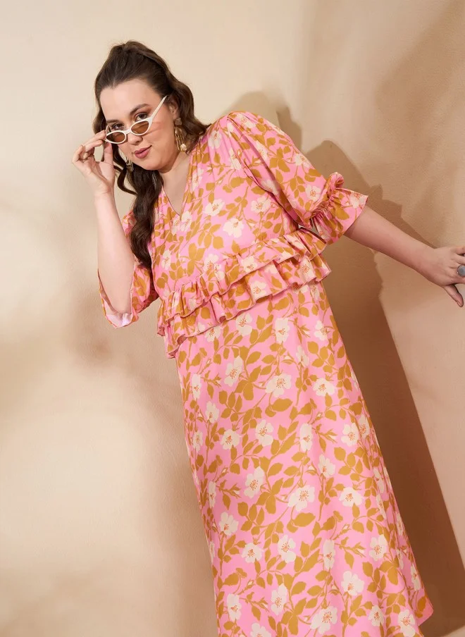 SASSAFRAS Floral Printed Peplum Midi Dress for Women