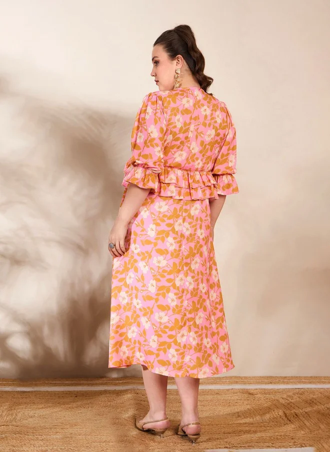 SASSAFRAS Floral Printed Peplum Midi Dress for Women