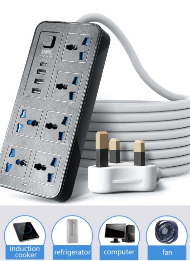 GK Power Multi Tap Universal Plug UK Outlet Power Strip with 2m Extension Cord AC Type C USB Port Charge Electrical Socket  - Image 1