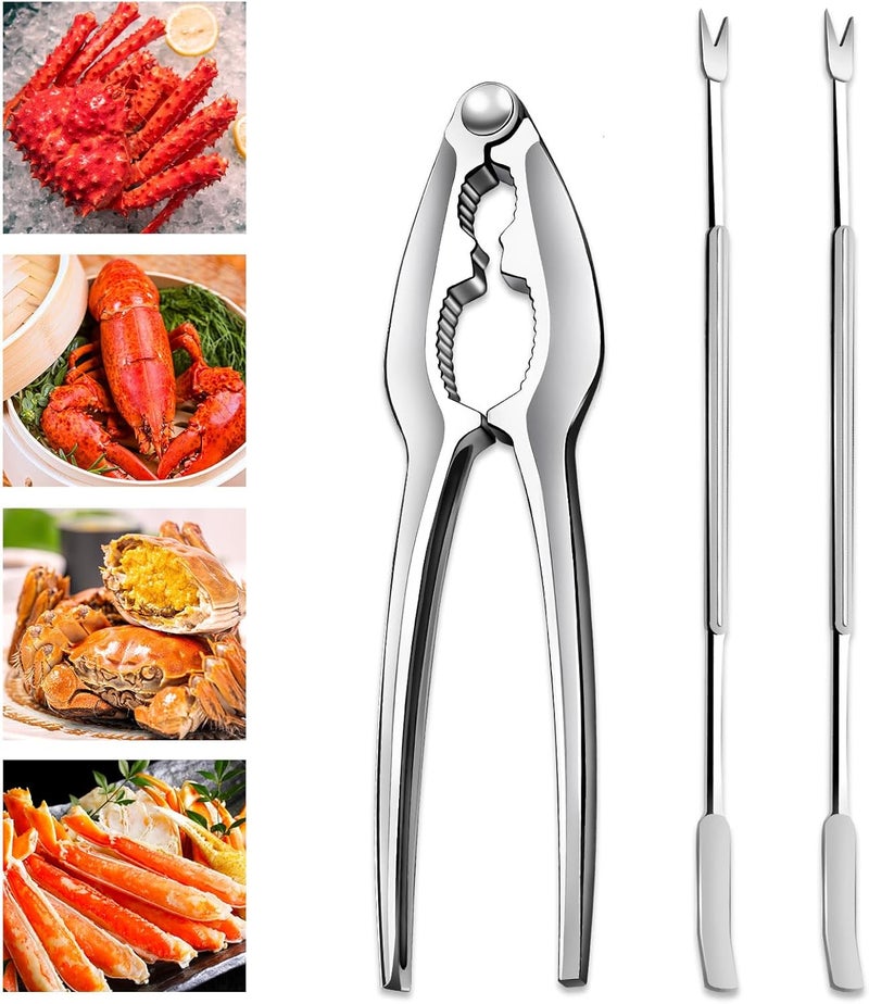 Vicsamer 3 PCS Lobster Crackers and Picks Set, Stainless Steel Crab Leg Tools, including 1 Lobster Cracker and 2 Forks, Heavy Duty Shellfish Nut Cracker Set, Seafood Tools for King Crab Legs Shellfish Claw - Image 1
