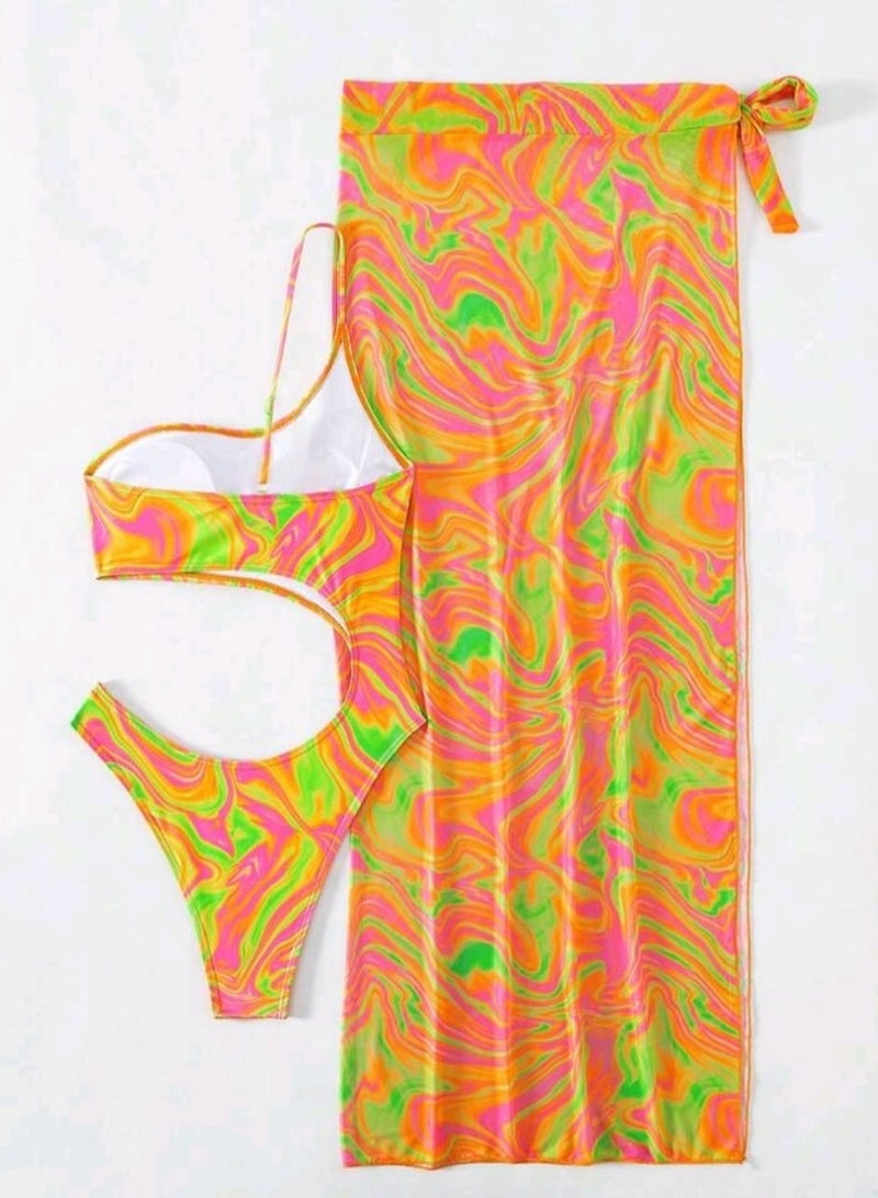 Shein SHEIN Swim Summer Beach Allover Print One Shoulder One Piece Swimsuit With Beach Skirt  - Image 2