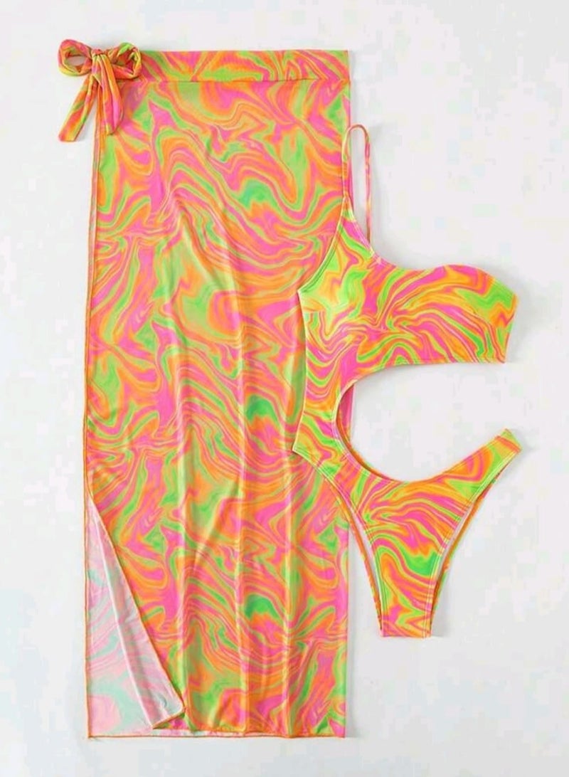 Shein SHEIN Swim Summer Beach Allover Print One Shoulder One Piece Swimsuit With Beach Skirt  - Image 3