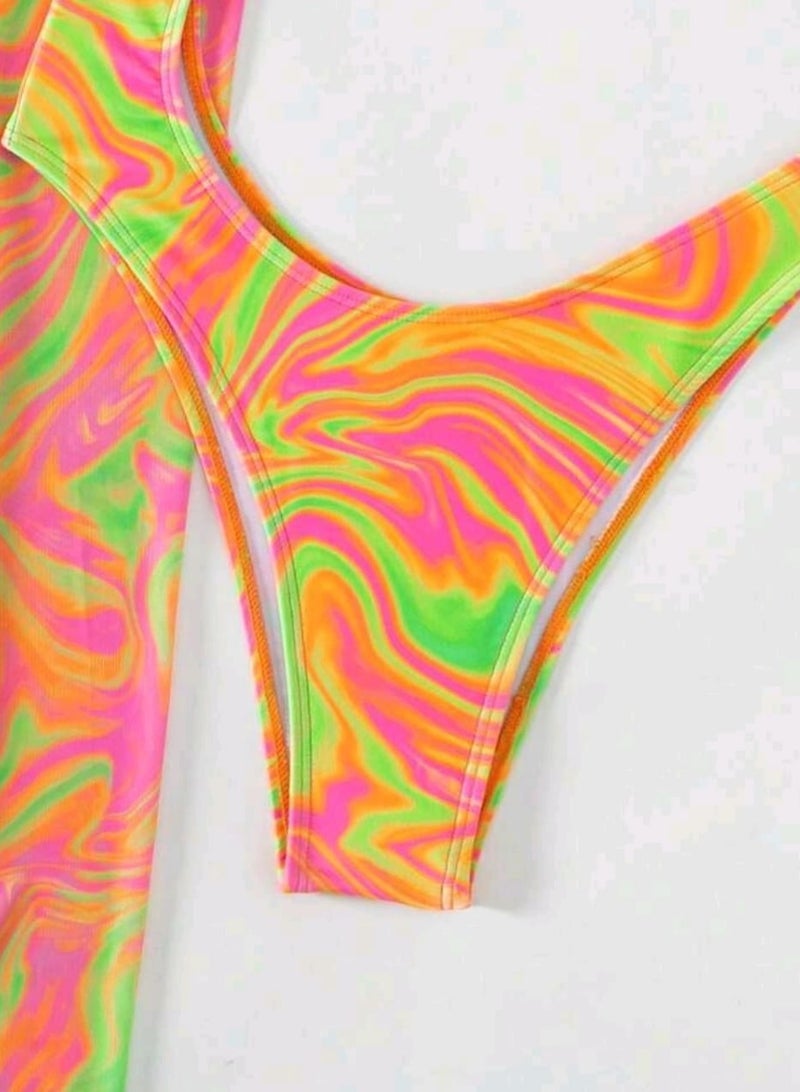 Shein SHEIN Swim Summer Beach Allover Print One Shoulder One Piece Swimsuit With Beach Skirt  - Image 5