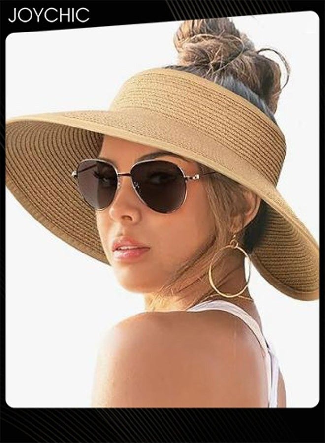 Joychic قبعة شمسية قابلة للطي ببرم عريض من القش للنساء ذوات ذيل الحصان صيفية مع حماية من الأشعة فوق البنفسجية والسفر - Image 1