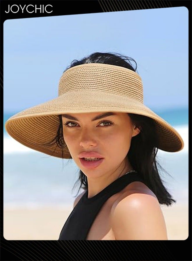 Joychic قبعة شمسية قابلة للطي ببرم عريض من القش للنساء ذوات ذيل الحصان صيفية مع حماية من الأشعة فوق البنفسجية والسفر - Image 2