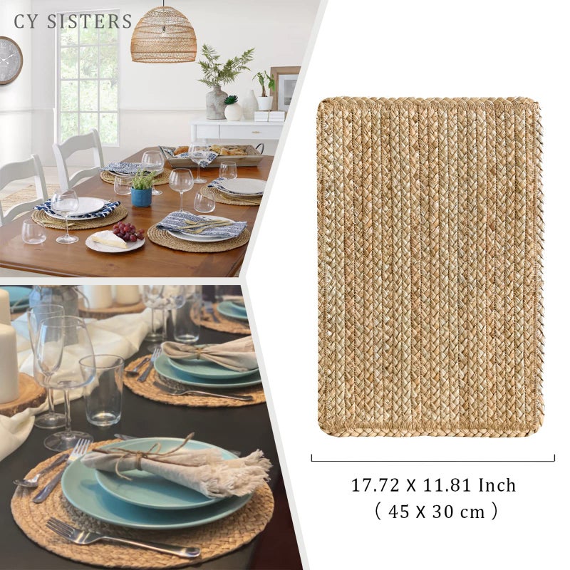 CY SISTERS Woven Placemats Set of 6 Rattan Placemats Rectangle Natural Placemats Wicker Heavy Braided Straw Placemat Farmhouse Square Plates Place mats for Indoor/Outdoor Patio Table 17.7'' X 11.8'' - Image 4