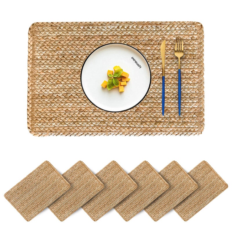 CY SISTERS Woven Placemats Set of 6 Rattan Placemats Rectangle Natural Placemats Wicker Heavy Braided Straw Placemat Farmhouse Square Plates Place mats for Indoor/Outdoor Patio Table 17.7'' X 11.8'' - Image 1
