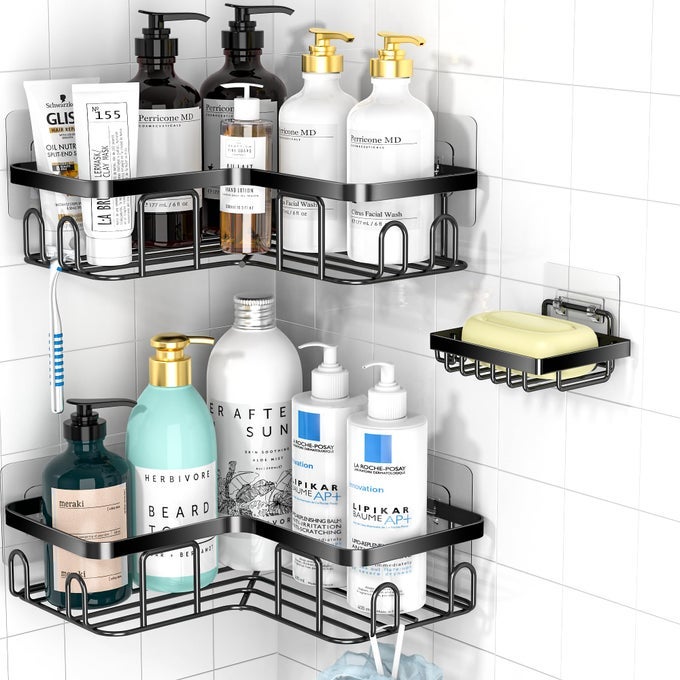 ADHESIVE CORNER SHOWER CADDY 3 PACK ORGANIZER SHELF WITH SOAP HOLDER AND 12 HOOKS SHELVES RUSTPROOF FOR BATHROOM STORAGE BASKET BATHROOM ACCESSORIESBLACK