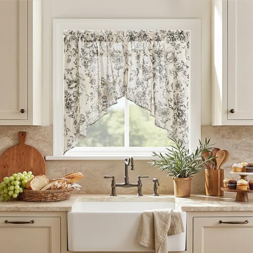 jinchan Floral Swag Valance for Windows 36 Inch Length Farmhouse Linen Kitchen Valances Country Light Filtering Small Window Treatment for Bedroom Living Room 2 Panels Black on Linen - Image 1