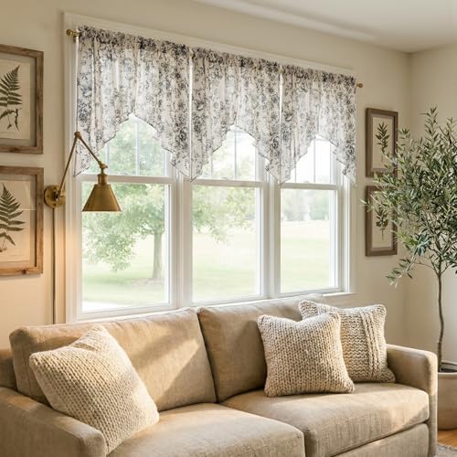 jinchan Floral Swag Valance for Windows 36 Inch Length Farmhouse Linen Kitchen Valances Country Light Filtering Small Window Treatment for Bedroom Living Room 2 Panels Black on Linen - Image 3