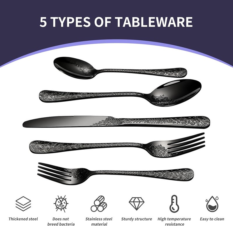 Lazycorner Floral 20 Pcs Black Silverware Set for 4 Food Grade Stainless Steel Flatware Set with Rose Flower Embossed Design Eating Utensils Sets Include ForkKnifeSpoon Reusable Cutlery Set Dishwasher Safe - Image 2