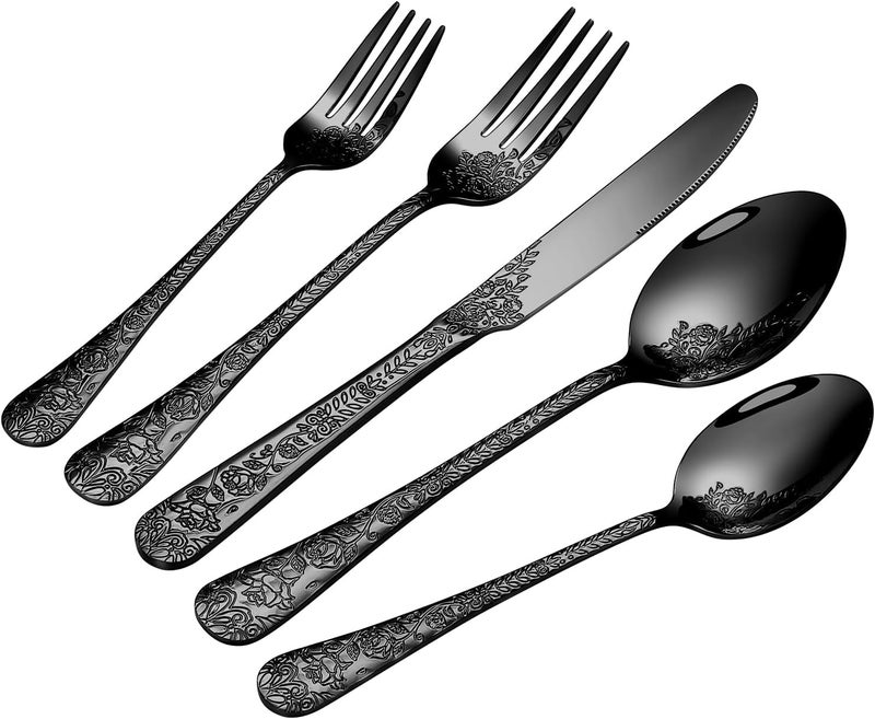Lazycorner Floral 20 Pcs Black Silverware Set for 4 Food Grade Stainless Steel Flatware Set with Rose Flower Embossed Design Eating Utensils Sets Include ForkKnifeSpoon Reusable Cutlery Set Dishwasher Safe - Image 1