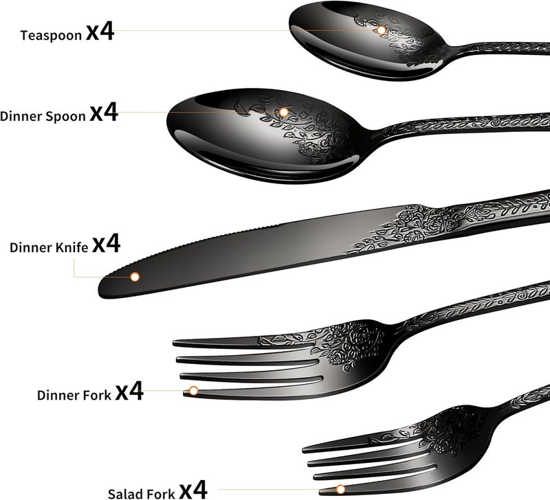 Lazycorner Floral 20 Pcs Black Silverware Set for 4 Food Grade Stainless Steel Flatware Set with Rose Flower Embossed Design Eating Utensils Sets Include ForkKnifeSpoon Reusable Cutlery Set Dishwasher Safe - Image 3