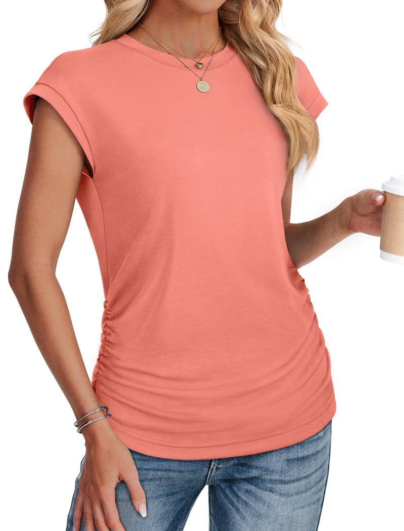 SAMPEEL Summer Tops for Women 2026 Short Sleeve Shirts Dressy Cute Cruise Outfits Cap Sleeve Tshirts Coral 2XL - Image 3