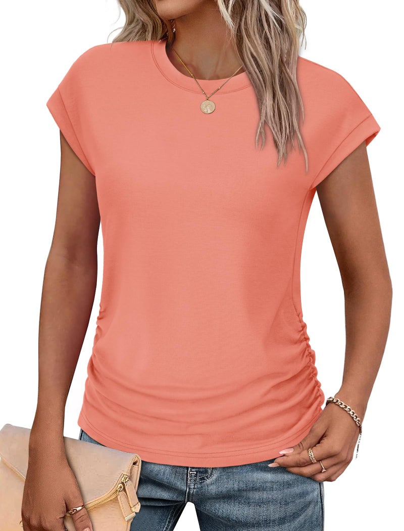 SAMPEEL Summer Tops for Women 2026 Short Sleeve Shirts Dressy Cute Cruise Outfits Cap Sleeve Tshirts Coral 2XL - Image 1