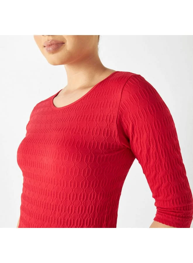 2Xtremz 2Xtremz Textured Round Neck T-shirt with 3/4 Sleeves