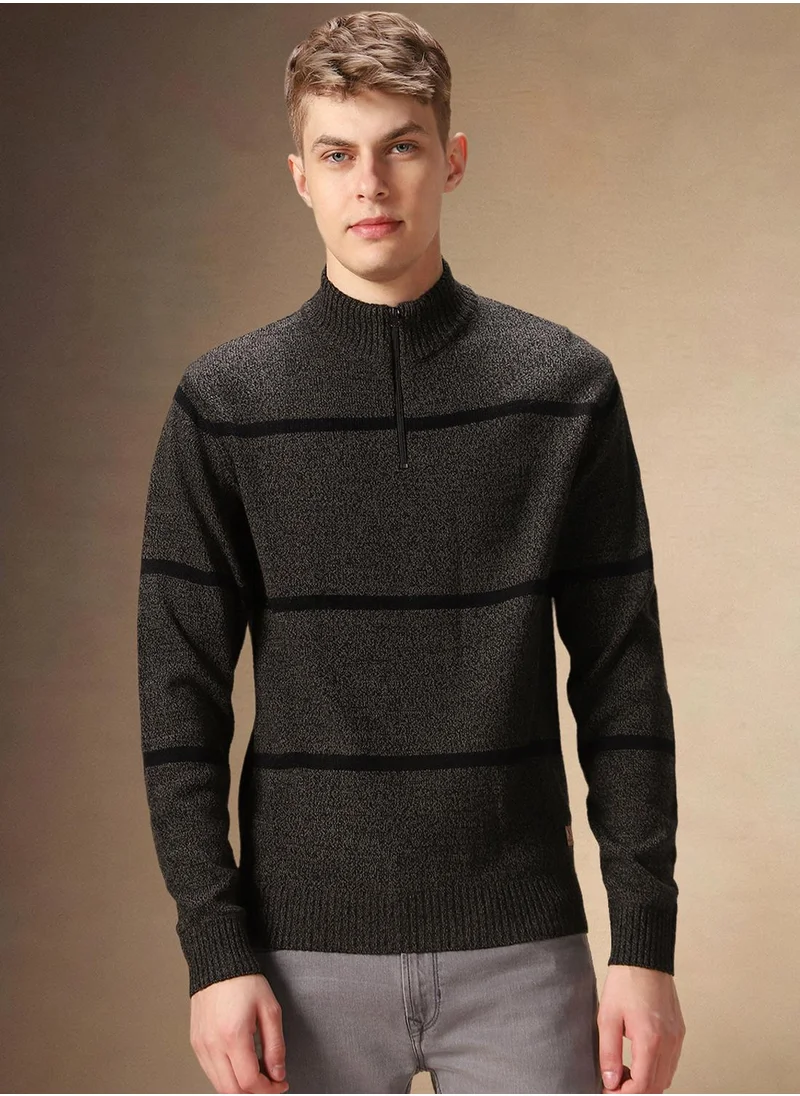 دينيس لينغو Men's Olive 100% Acrylic Striped Regular Fit Sweater