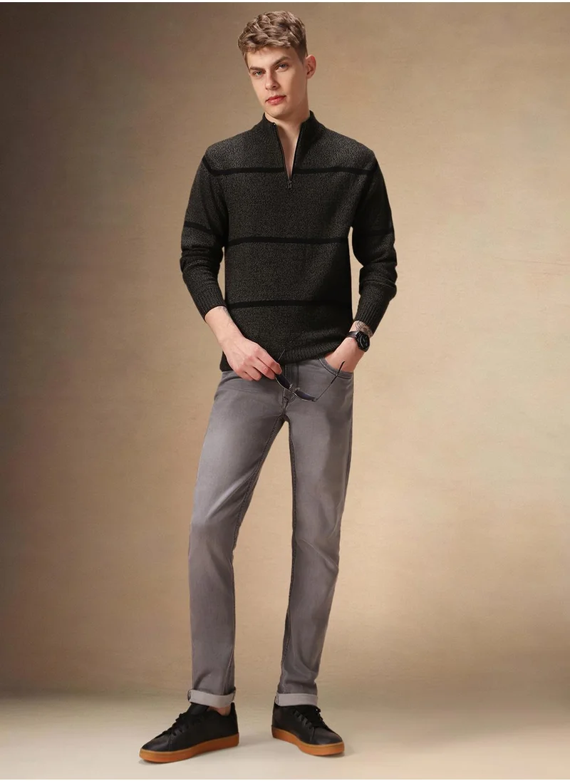 دينيس لينغو Men's Olive 100% Acrylic Striped Regular Fit Sweater