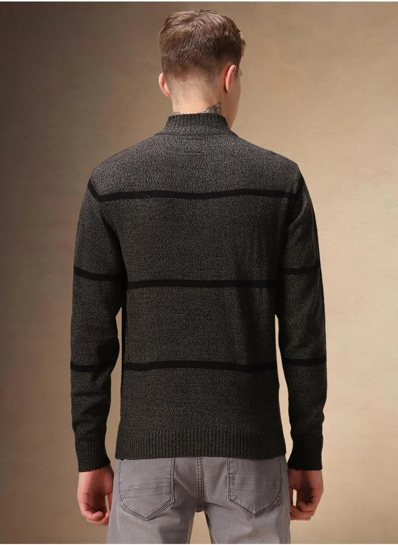 دينيس لينغو Men's Olive 100% Acrylic Striped Regular Fit Sweater